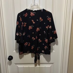 Lush Blue and Black 3/4 Sleeve Boxy Tie Front Blouse